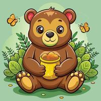 A cartoon bear sitting in the grass with a yellow jar vector