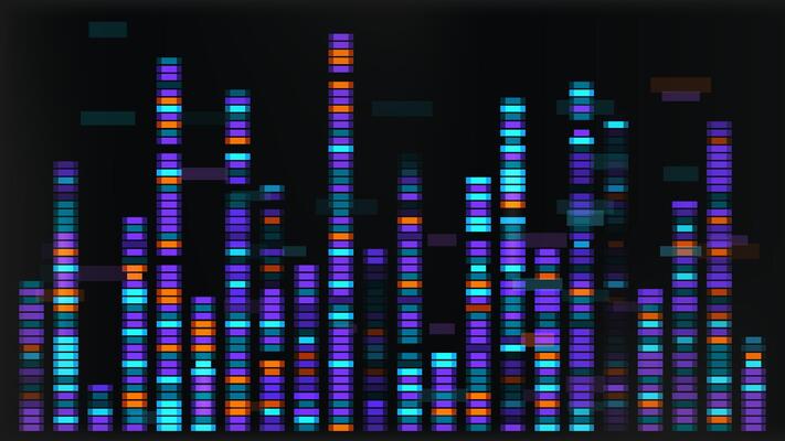 Dna sequence map with genetic data visualization. Genome pattern analysis for abstract medical research illustration. Antibody marker mapping. Pop or rock music sound vibrations with glitch effect.