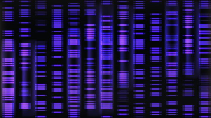 Dna sequence data map. Chromosome gene pattern visualization for medical research illustration. Abstract science molecule marker mapping architecture texture. Purple neon music strip glitch design.