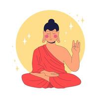 Buddha in lotus position meditating showing Gyan mudra gesture with moon in background. Concept of enlightenment and spiritual purity vector