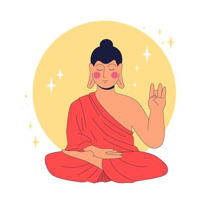 Buddha in lotus position meditating showing Gyan mudra gesture with moon in background. Concept of enlightenment and spiritual purity