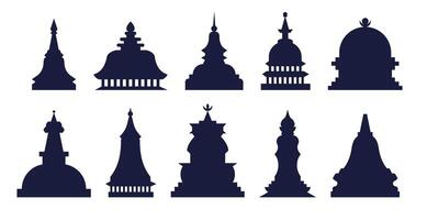 Set of solid silhouettes of stupas architectural structures place of pilgrimage of Buddhists. Temple of Buddha's enlightenment vector