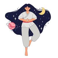 female monk in traditional robe meditating in tree pose to achieve nirvana with folded hands in mudra and closed eyes. Concept of spiritual growth, enlightenment, Buddha's teachings vector