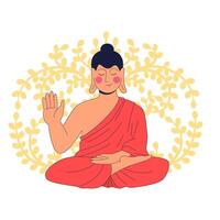 Buddha in lotus position meditating showing Abhaya mudra of protection gesture with tree of life in background. Concept of enlightenment and spiritual purity vector