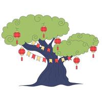 tree decorated with paper lanterns and prayer flags in honor of Buddha's birthday, Visakha. The concept is unity, joy, hope and the pursuit of spiritual enlightenment. vector