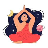 monk in traditional robe meditating in lotus position to achieve nirvana with hands folded above head and eyes closed. Concept of spiritual growth, enlightenment, Buddha's teachings vector