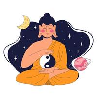 Buddha in lotus position holding yin-nyin symbol, teaching the cycle of karma in Buddhism against the backdrop of cosmic nirvana. Concept of the law of cause and effect vector
