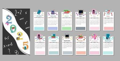 Thematic calendar for 2025 on the theme School with space for notes. . Planner with all months. vector