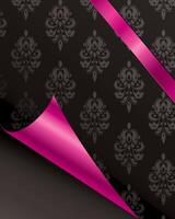 elegant damask pattern with a purple ribbon peeking out from a curled corner vector