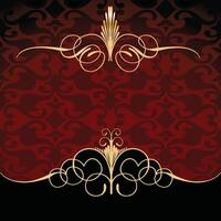 Luxurious Gold Damask Frame with intricate patterns on a dark red background vector