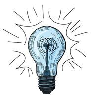 Light bulb hand drawn in a sketch with a bright ray. Engraving style. vector