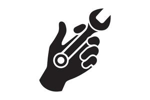 A black and white illustration of a hand holding a wrench vector