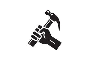 A black and white icon of a hammer and hand vector