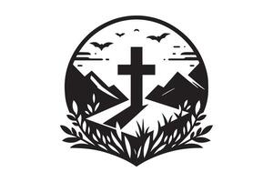A cross with a mountain in the background and bats flying over it vector