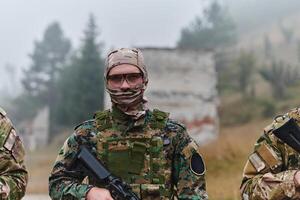 A disciplined and specialized military unit, donned in camouflage, strategically patrolling and maintaining control in a high-stakes environment, showcasing their precision, unity, and readiness for photo