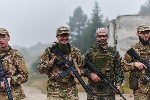 A disciplined and specialized military unit, donned in camouflage, strategically patrolling and maintaining control in a high-stakes environment, showcasing their precision, unity, and readiness for photo