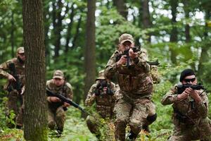 A disciplined and specialized military unit, donned in camouflage, strategically patrolling and maintaining control in a high-stakes environment, showcasing their precision, unity, and readiness for photo