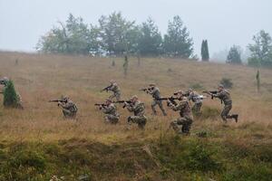 A disciplined and specialized military unit, donned in camouflage, strategically patrolling and maintaining control in a high-stakes environment, showcasing their precision, unity, and readiness for photo