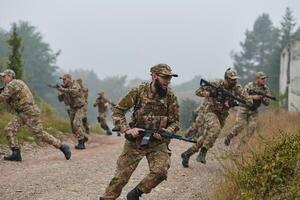 A disciplined and specialized military unit, donned in camouflage, strategically patrolling and maintaining control in a high-stakes environment, showcasing their precision, unity, and readiness for photo