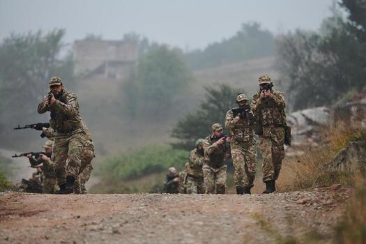 A disciplined and specialized military unit, donned in camouflage, strategically patrolling and maintaining control in a high-stakes environment, showcasing their precision, unity, and readiness for photo