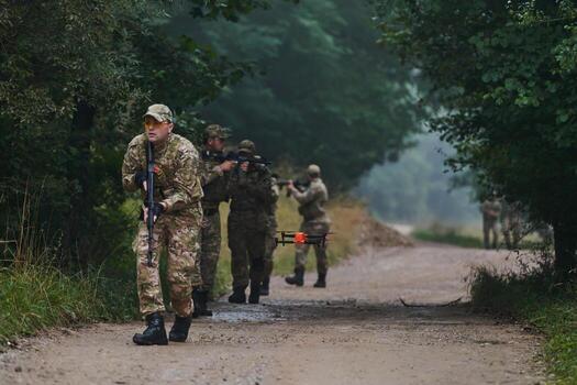 Elite military unit parading and securing the forest, utilizing drones for terrain scanning and reconnaissance, showcasing their advanced skills and specialized training in high risk operations photo