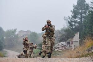 A disciplined and specialized military unit, donned in camouflage, strategically patrolling and maintaining control in a high-stakes environment, showcasing their precision, unity, and readiness for photo