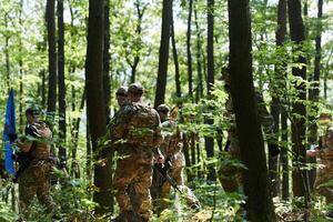 A disciplined and specialized military unit, donned in camouflage, strategically patrolling and maintaining control in a high-stakes environment, showcasing their precision, unity, and readiness for photo