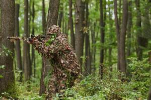 A highly skilled elite sniper, camouflaged in the dense forest, stealthily maneuvers through dangerous woodland terrain on a covert and precise mission photo
