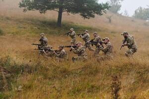 A disciplined and specialized military unit, donned in camouflage, strategically patrolling and maintaining control in a high-stakes environment, showcasing their precision, unity, and readiness for photo