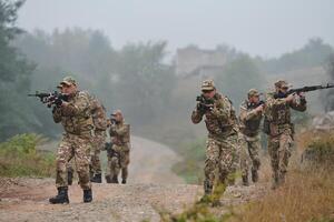 A disciplined and specialized military unit, donned in camouflage, strategically patrolling and maintaining control in a high-stakes environment, showcasing their precision, unity, and readiness for photo