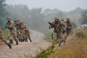 A disciplined and specialized military unit, donned in camouflage, strategically patrolling and maintaining control in a high-stakes environment, showcasing their precision, unity, and readiness for photo
