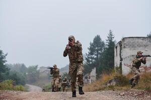 A disciplined and specialized military unit, donned in camouflage, strategically patrolling and maintaining control in a high-stakes environment, showcasing their precision, unity, and readiness for photo