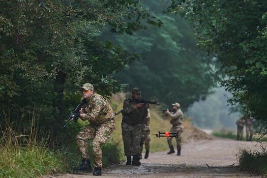 Elite military unit parading and securing the forest, utilizing drones for terrain scanning and reconnaissance, showcasing their advanced skills and specialized training in high risk operations photo