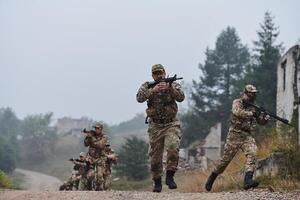 A disciplined and specialized military unit, donned in camouflage, strategically patrolling and maintaining control in a high-stakes environment, showcasing their precision, unity, and readiness for photo