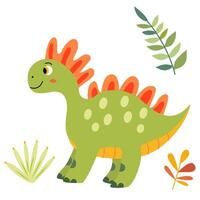Charming illustration of a cute green baby dinosaur in a flat style. Friendly and playful design is ideal for children's books, t-shirt, nursery decor, greeting cards, party invitations vector
