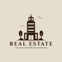 apartment building logo vintage illustration template icon graphic design. real estate architecture sign or symbol for business or company with environment view concept with retro style vector