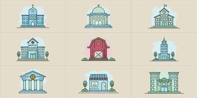 set of building icon logo line art color illustration template graphic design. bundle collection of various architecture for business or religious activities or Learning Activities vector
