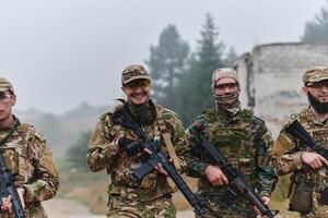 A disciplined and specialized military unit, donned in camouflage, strategically patrolling and maintaining control in a high-stakes environment, showcasing their precision, unity, and readiness for photo