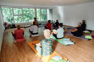 A group of senior women engage in various yoga exercises, including neck, back, and leg stretches, under the guidance of a trainer in a sunlit space, promoting well-being and harmony photo