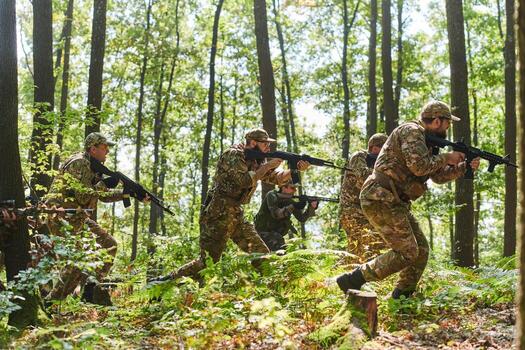 A disciplined and specialized military unit, donned in camouflage, strategically patrolling and maintaining control in a high-stakes environment, showcasing their precision, unity, and readiness for photo