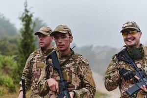 A disciplined and specialized military unit, donned in camouflage, strategically patrolling and maintaining control in a high-stakes environment, showcasing their precision, unity, and readiness for photo
