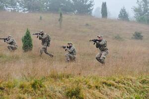 A disciplined and specialized military unit, donned in camouflage, strategically patrolling and maintaining control in a high-stakes environment, showcasing their precision, unity, and readiness for photo