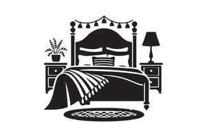 Black and white illustration of a bed with a lamp and a lampshade vector