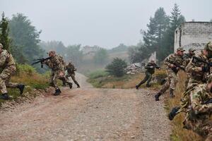 A disciplined and specialized military unit, donned in camouflage, strategically patrolling and maintaining control in a high-stakes environment, showcasing their precision, unity, and readiness for photo