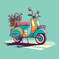 A colorful moped with flowers in the basket vector