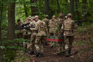 Elite military unit, cloaked in camouflage, transports a crate of ammunition through the dense forest, epitomizing strategic readiness and precision in their covert mission photo