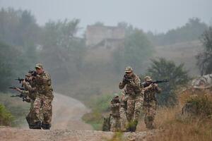 A disciplined and specialized military unit, donned in camouflage, strategically patrolling and maintaining control in a high-stakes environment, showcasing their precision, unity, and readiness for photo