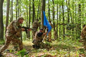 A disciplined and specialized military unit, donned in camouflage, strategically patrolling and maintaining control in a high-stakes environment, showcasing their precision, unity, and readiness for photo