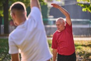 A group of seniors follows a trainer, engaging in outdoor exercises in the park, as they collectively strive to maintain vitality and well-being, embracing an active and health-conscious lifestyle in photo