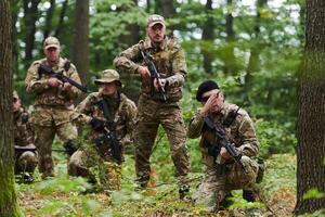 A disciplined and specialized military unit, donned in camouflage, strategically patrolling and maintaining control in a high-stakes environment, showcasing their precision, unity, and readiness for photo